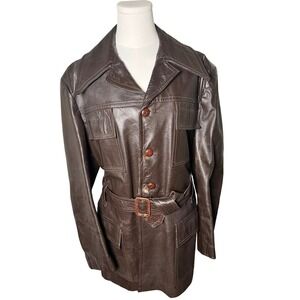 Vintage 70s Brown Leather Safari Jacket Belted Boho Utility‎ Coat Women's M/L